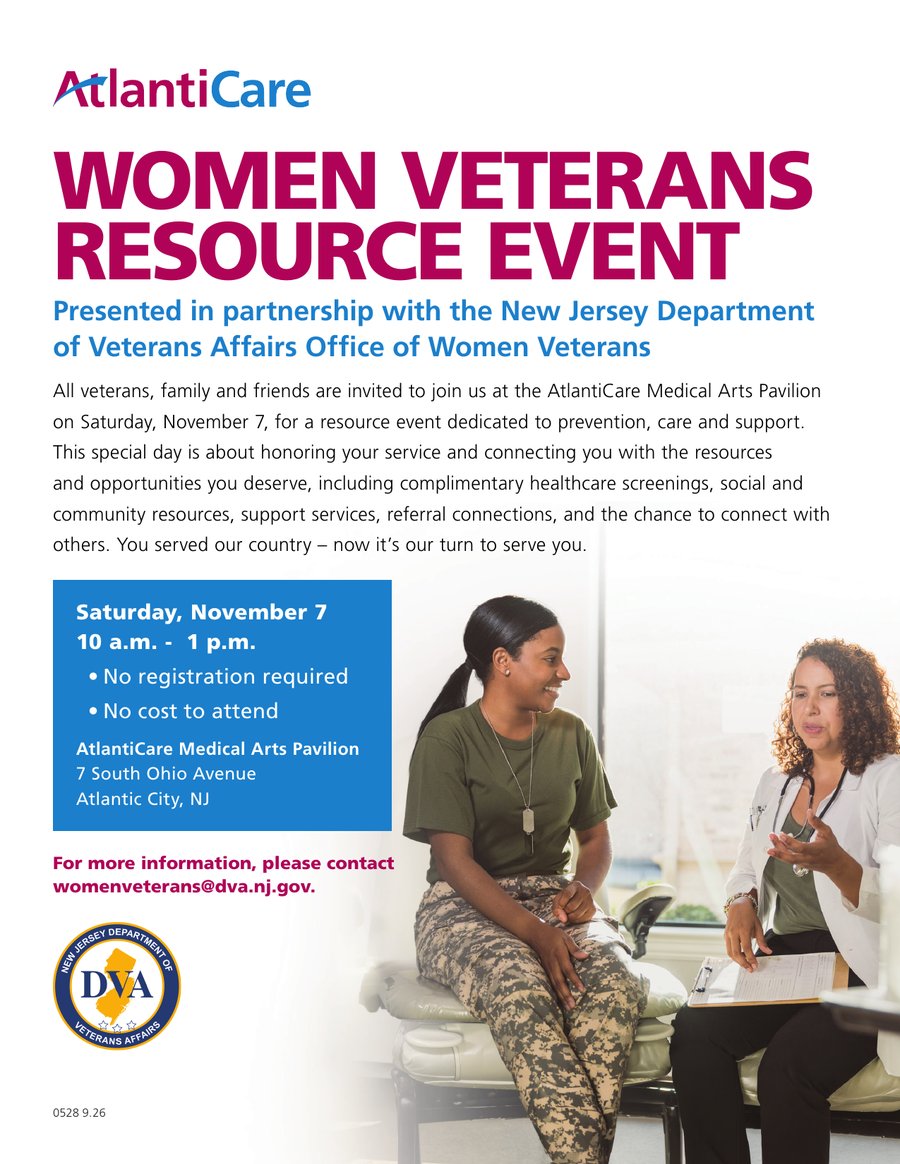 Women Veterans Resource Event – Saturday, November 7, 10 a.m.–1 p.m. at AtlantiCare Medical Arts Pavilion, Atlantic City, NJ. No registration required, no cost to attend.